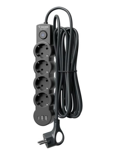 Удлинитель 4х5м с заземл. 10А IP20 USB type-Aх2 + type-C 2500Вт 220В ПВС 3х1 с выкл. черн. КОСМОС YKsm5m4g-Z-VU10А-B