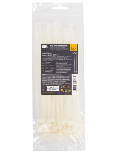 Хомут кабельный 3.6х200 нейл. бел. (уп.100шт) IEK UHH31-D036-200-100