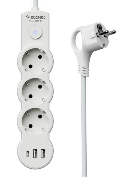 Удлинитель 3х5м с заземл. 10А IP20 USB 2800Вт 220В ПВС 3х1 с выкл. бел. КОСМОС YKsm5m3g-Z-VU10А-W