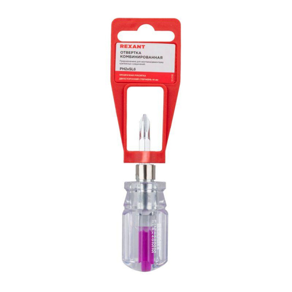 Отвертка комбинированная прозрачная рукоятка двухсторонний стержень 40мм (крестовая PH2 шлицевая SL 6мм) Rexant 12-4743