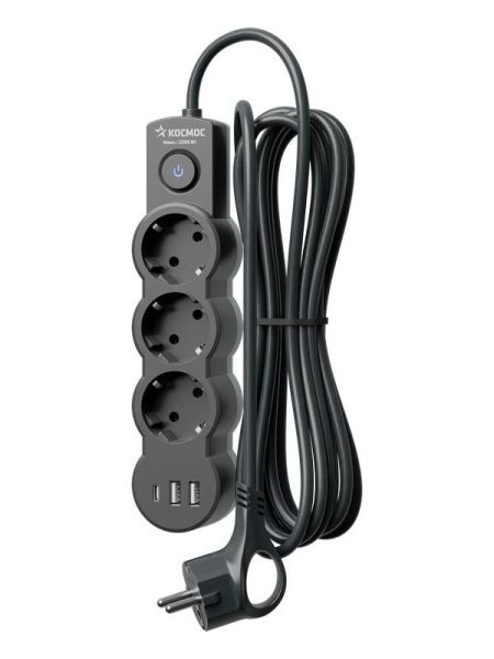 Удлинитель 3х5м с заземл. 10А IP20 USB 2800Вт 220В ПВС 3х1 с выкл. черн. КОСМОС YKsm5m3g-Z-VU10А-B