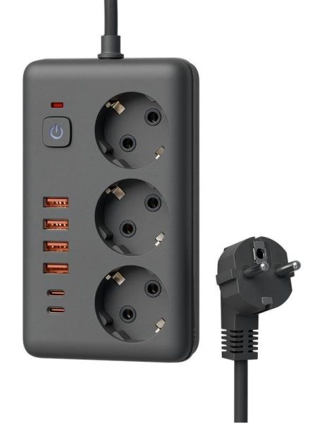 Удлинитель с сетевым фильтром 3х1.5м 10А 4USB + 2USBC 2500Вт ПВС 3х1 прямоуг. черн. КОСМОС FKsm1.5m-3gPF(B)USB