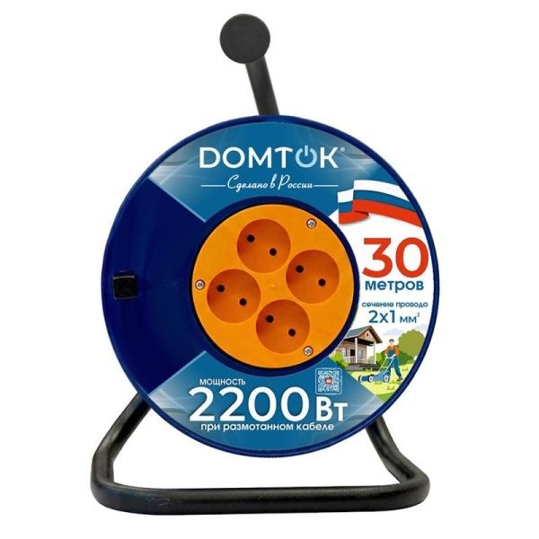 Удлинитель на катушке 4х30м без заземл. 10А IP20 2.2кВт ПВС 2х1 DOMTOK 2438