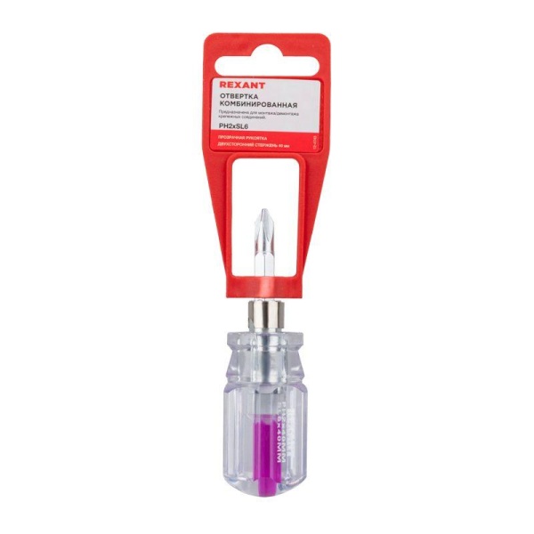 Отвертка комбинированная прозрачная рукоятка двухсторонний стержень 40мм (крестовая PH2 шлицевая SL 6мм) Rexant 12-4743