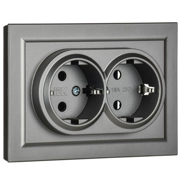 Розетка 2-м СП BRITE РС12-3-БрС 16А в сборе с заземл. без защ. шторок сталь IEK BR-R21-16-K46-F