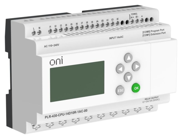 Модуль ЦПУ ПЛК 430 14 DI 10 RO 220В AC с экраном ONI PLR-430-CPU-14D10R-1AC-00