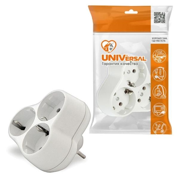 Разветвитель 3-м с заземл. 16А 250В еврослот кругл. бел. UNIVersal АК303