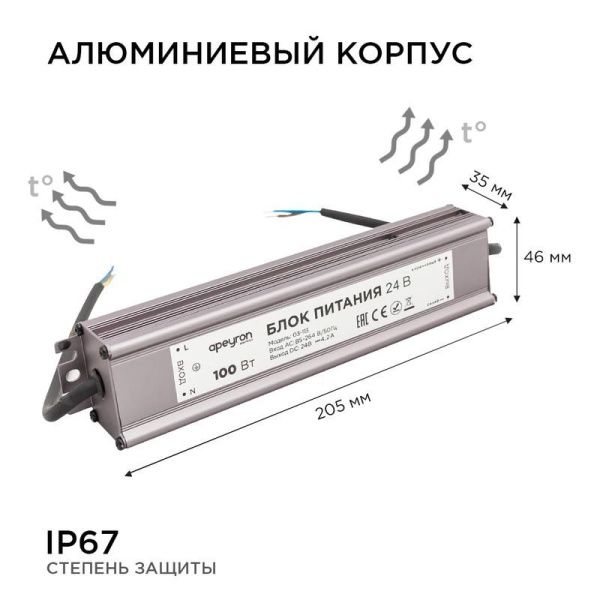 Блок питания 24В 100Вт импульсный IP67 175-265В 4.2А алюм. серебр. 190х55х30мм Apeyron 03-113