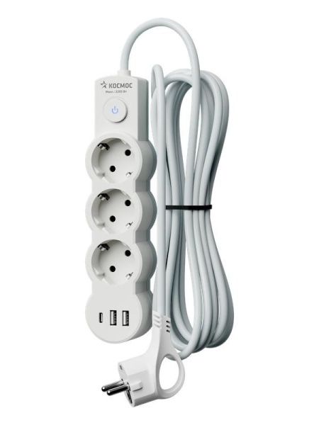 Удлинитель 3х5м с заземл. 10А IP20 USB 2800Вт 220В ПВС 3х1 с выкл. бел. КОСМОС YKsm5m3g-Z-VU10А-W