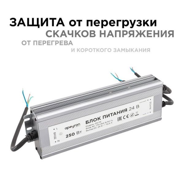 Блок питания 24В 250Вт импульсный IP67 175-265В 10.4А алюм. серебр. 235х75х35мм Apeyron 03-115