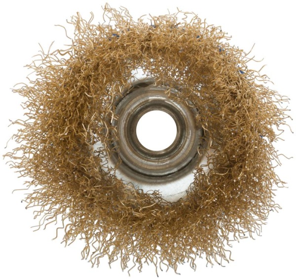 Корщетка тип "чашка" гайка М14 стальная латунированная волнистая проволока 75мм MOS 38942М