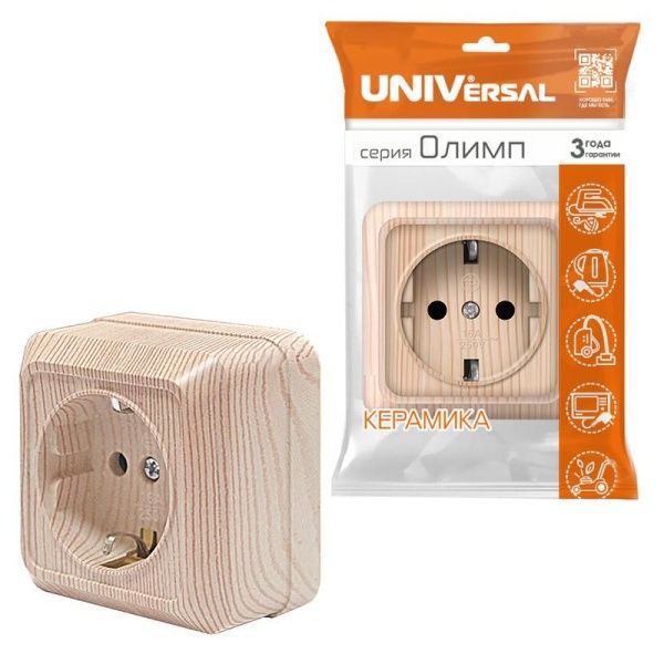 Розетка 1-м ОП Олимп 16А с заземл. сосна UNIVersal 5560902