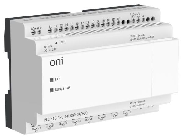 Модуль ЦПУ ПЛК 410 8 DI 6 UI (0-10В/DI) 8 RO 12В-24В DC или 24В AC с Ethernet портом без экрана ONI PLC-410-CPU-14U08R-0AD-00