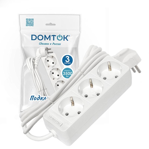 Удлинитель 3х3м с заземл. 16А IP20 3.5кВт ПВС 3х1 бел. DOMTOK 2391
