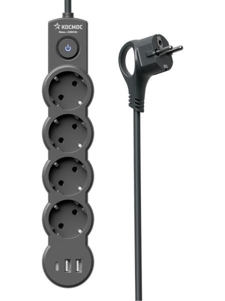 Удлинитель 4х5м с заземл. 10А IP20 USB type-Aх2 + type-C 2500Вт 220В ПВС 3х1 с выкл. черн. КОСМОС YKsm5m4g-Z-VU10А-B