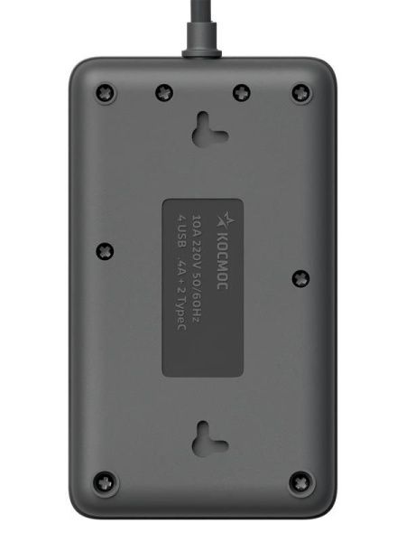 Удлинитель с сетевым фильтром 3х1.5м 10А 4USB + 2USBC 2500Вт ПВС 3х1 прямоуг. черн. КОСМОС FKsm1.5m-3gPF(B)USB