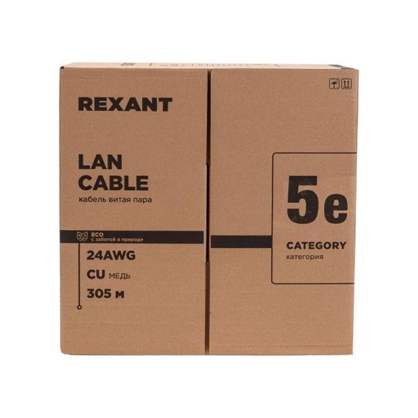 Кабель витая пара U/UTP кат.5E 4х2х0.52 4PR 24AWG PVC нг(А)-LS INDOOR SOLID сер. РФ (305м) Rexant 01-0041-R