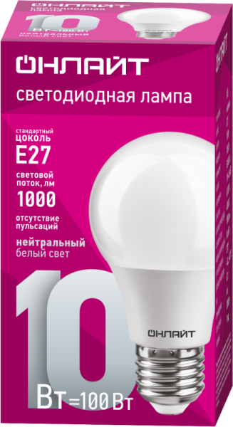 Лампа светодиодная 71 650 OLL-A60-10-230-4K-E27 10Вт грушевидная 4000К нейтр. бел. E27 1000лм 176-264В ОНЛАЙТ 71650
