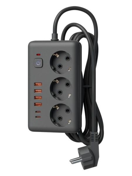 Удлинитель с сетевым фильтром 3х1.5м 10А 4USB + 2USBC 2500Вт ПВС 3х1 прямоуг. черн. КОСМОС FKsm1.5m-3gPF(B)USB