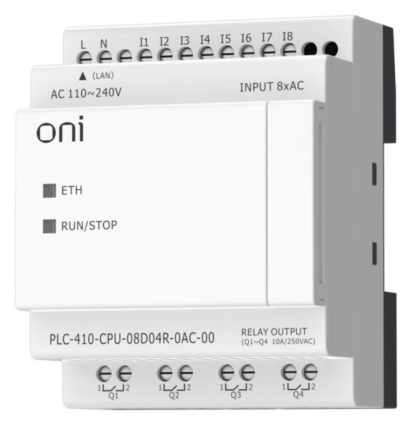 Модуль ЦПУ ПЛК 410 8 DI 4 RO 220В AC с Ethernet портом без экрана ONI PLC-410-CPU-08D04R-0AC-00