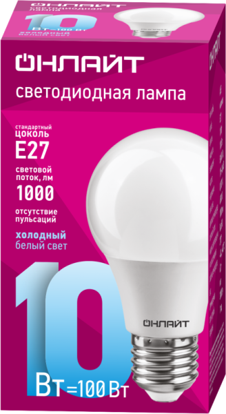 Лампа светодиодная 61 140 OLL-A60-10-230-6.5K-E27 10Вт грушевидная 6500К холод. бел. E27 1000лм 176-264В ОНЛАЙТ 61140