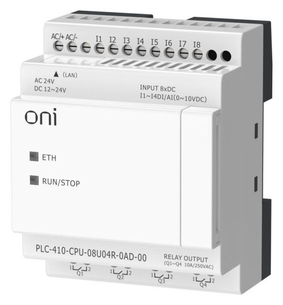 Модуль ЦПУ ПЛК 410 4 DI 4 UI (0-10 В/DI) 4 RO 12В-24В DC или 24В AC с Ethernet портом без экрана ONI PLC-410-CPU-08U04R-0AD-00